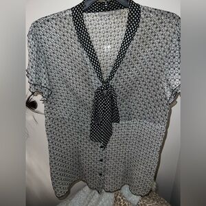 Apt9 Sheer polka dot black blouse empire waist buttons and bow